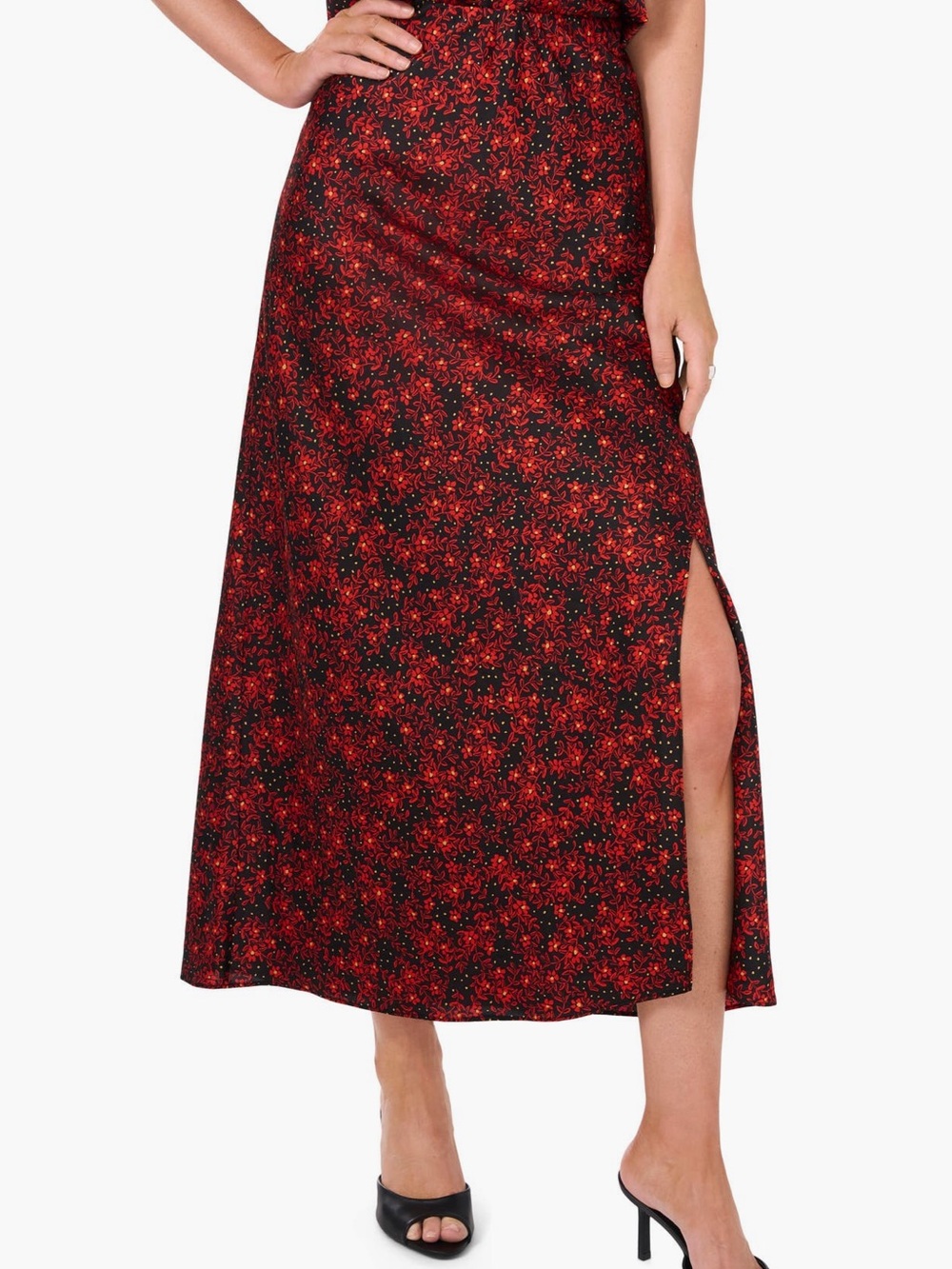 Halogen Red and Black Floral Side-Slit Maxi Skirt